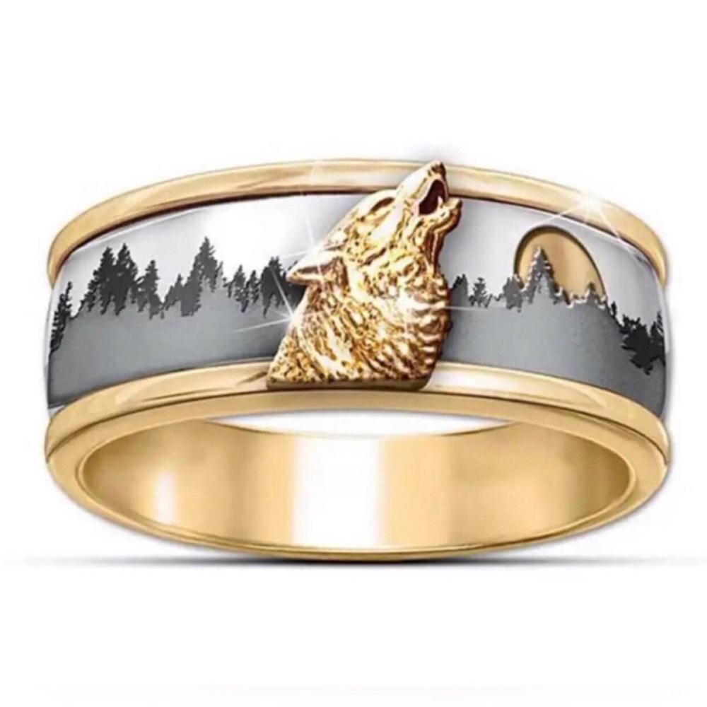 Gold and Silver Wolf Howl Men's Ring - Two-Tone Nature Band